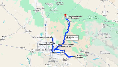 Map showing a route from various botanical gardens to Pine Creek Lavender Farm Store, with travel time of 4 hours 34 minutes.